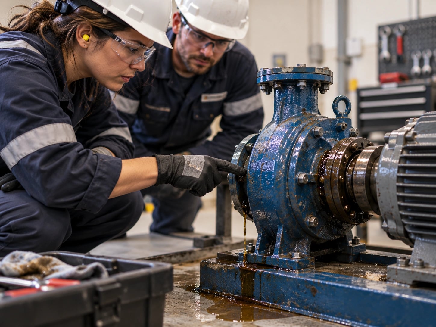 Industrial engineers inspecting leaking blue centrifugal pump diagnosing equipment failure